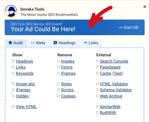 Advertising with seo bookmarklet
