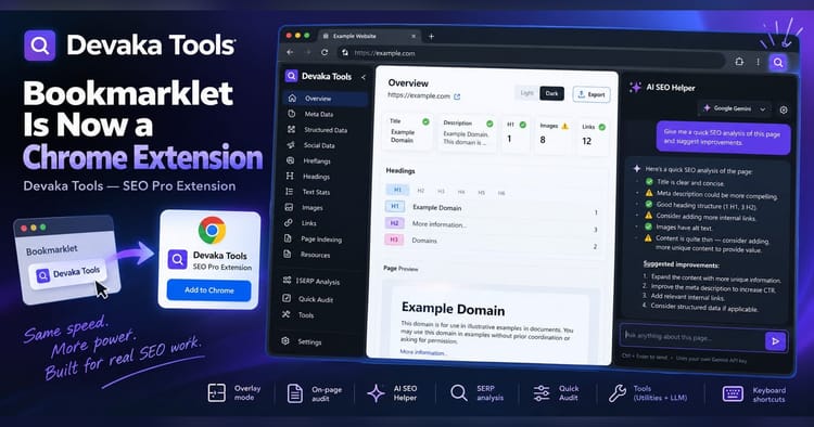 Devaka Tools — SEO Pro Chrome extension: overview panel and AI SEO Helper