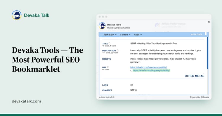 Devaka Tools SEO bookmarklet showing page meta data