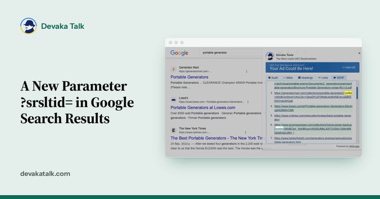srsltid parameter in Google search result URLs, highlighted by Devaka Tools