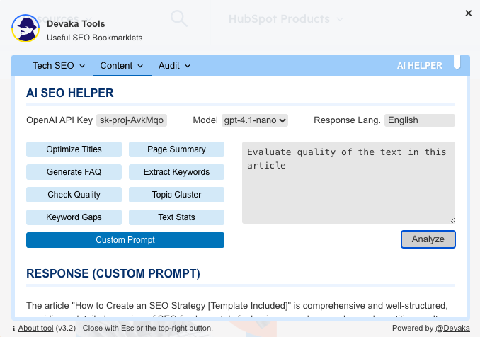 AI SEO Helper in Devaka Tools Bookmarklet